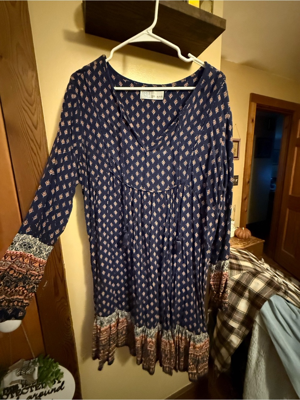 Time and Tru Navy and Cream Printed Long-Sleeve Tiered Dress